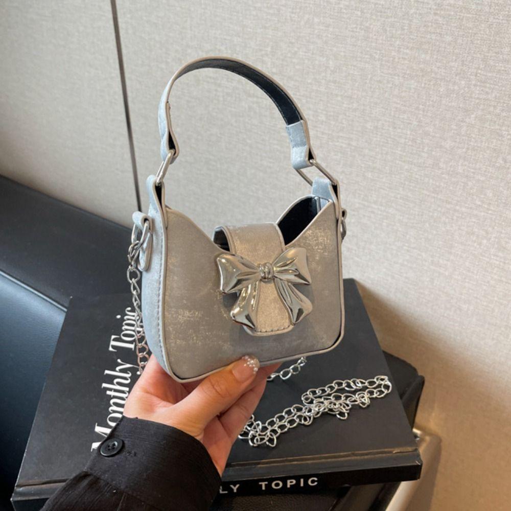 Mini Bow Buckle PU Bag Pu Leather Women's Shoulder Bag Cute Silver Bucket Bag Storage Phone
