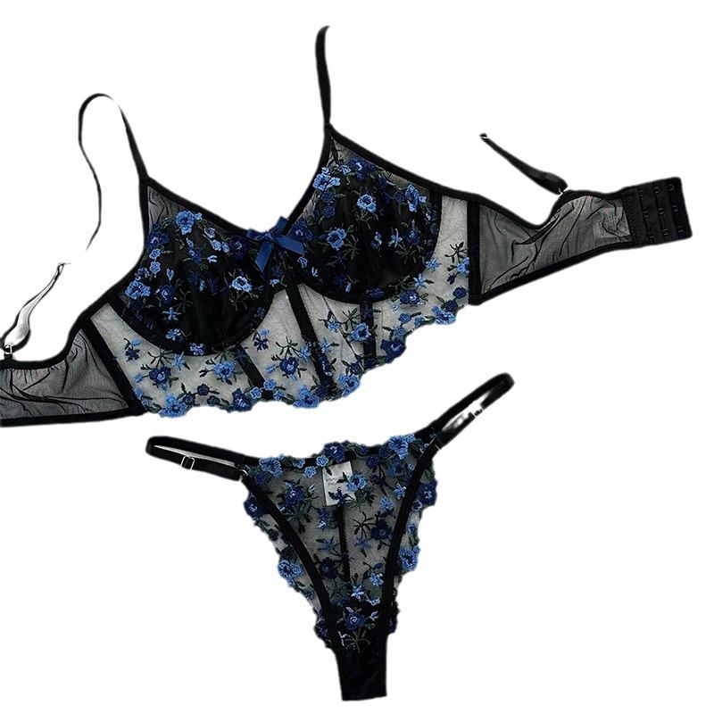 European and American Floral Mesh Sexy Breathable Adjustable Thong with Embroidered Open Cups and Three-Button Suspender