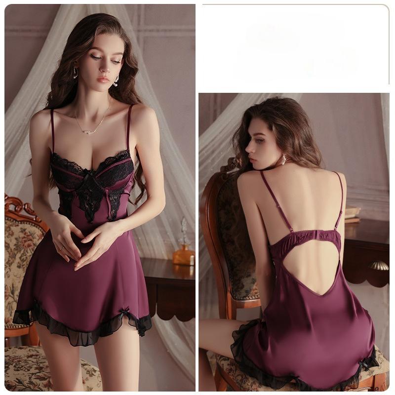 Women’s Satin Lace Sleep Dress Backless Cami Nightdress with Floral Mesh and Padded Underwire Bra
