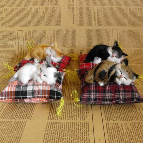Simulation Cat Model with Cushion Base Faux Fur 3D Look Cute Animal Craft Ornament Miniature Fake Kitten Statue Figurine Car Ornament Home Decoration