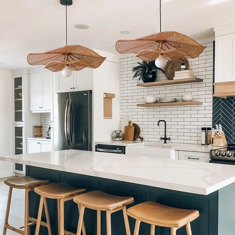 Lampa suspendată vintage cu pandantiv frunză de lotus, lămpi din ratan țesute manual de înaltă calitate pentru restaurant, sufragerie, bucătărie, corpuri de iluminat suspendate