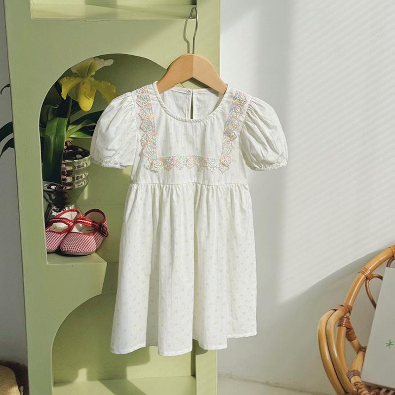 2026 Summer Girls' Colorful Polka Dot Puff Sleeve Princess Dress with Square Neck and Lace Short Sleeves