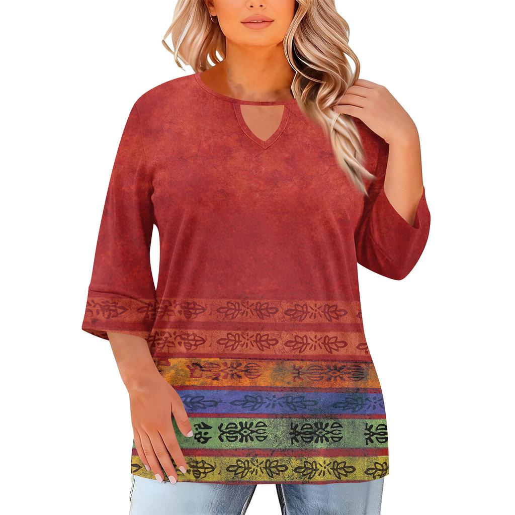 Women's Fashion Casual Round Neck Three-Quarter Sleeve Oversized Print Top