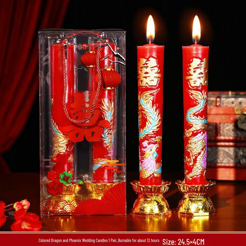 Smokeless Wedding Candles: Red Dragon & Phoenix, Double Happiness Pair