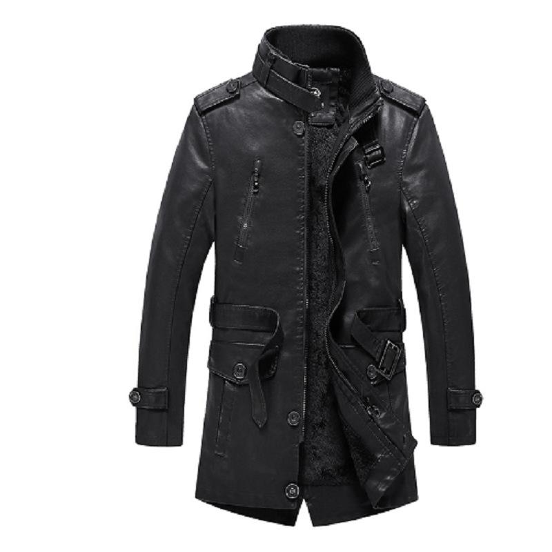 Autumn and winter men's new British medium and long leather jacket velvet men's clothing large size casual men's leather jacket