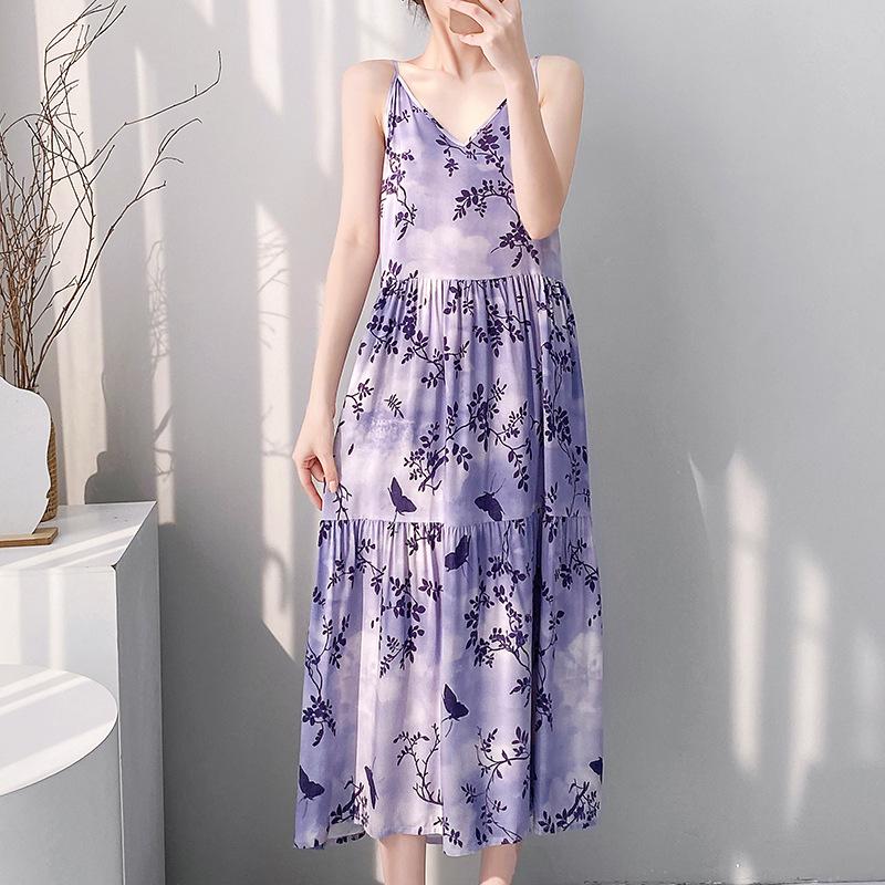 Printed women's cotton and silk nightgown large size sweet floral pajamas sleeveless loungewear summer thin can be worn outside