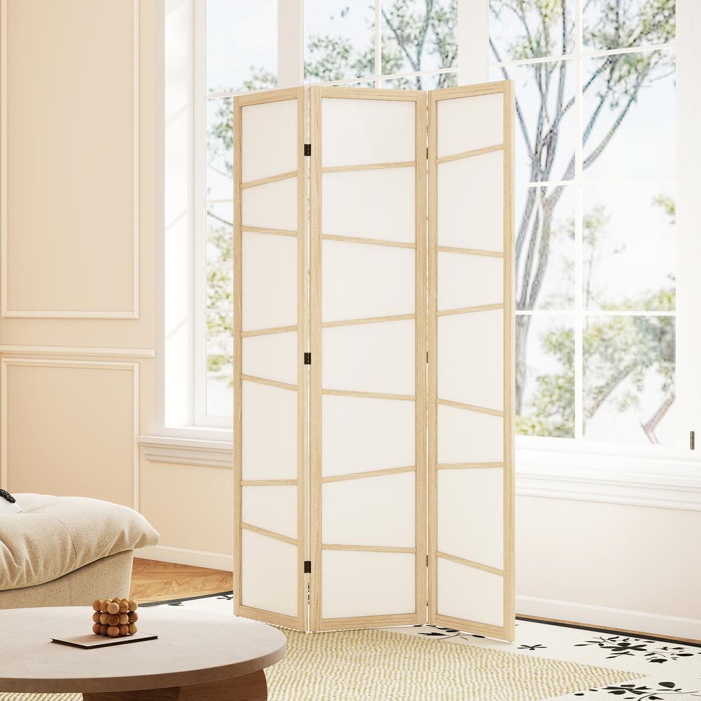 Wooden Folding Privacy Screen 3 Panel Room Divider For Bedroom Natural Wood Finish