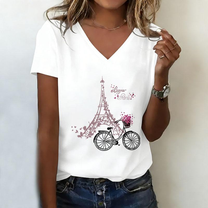 

V-neck casual and fashionable Paris printed T-shirt for women XS