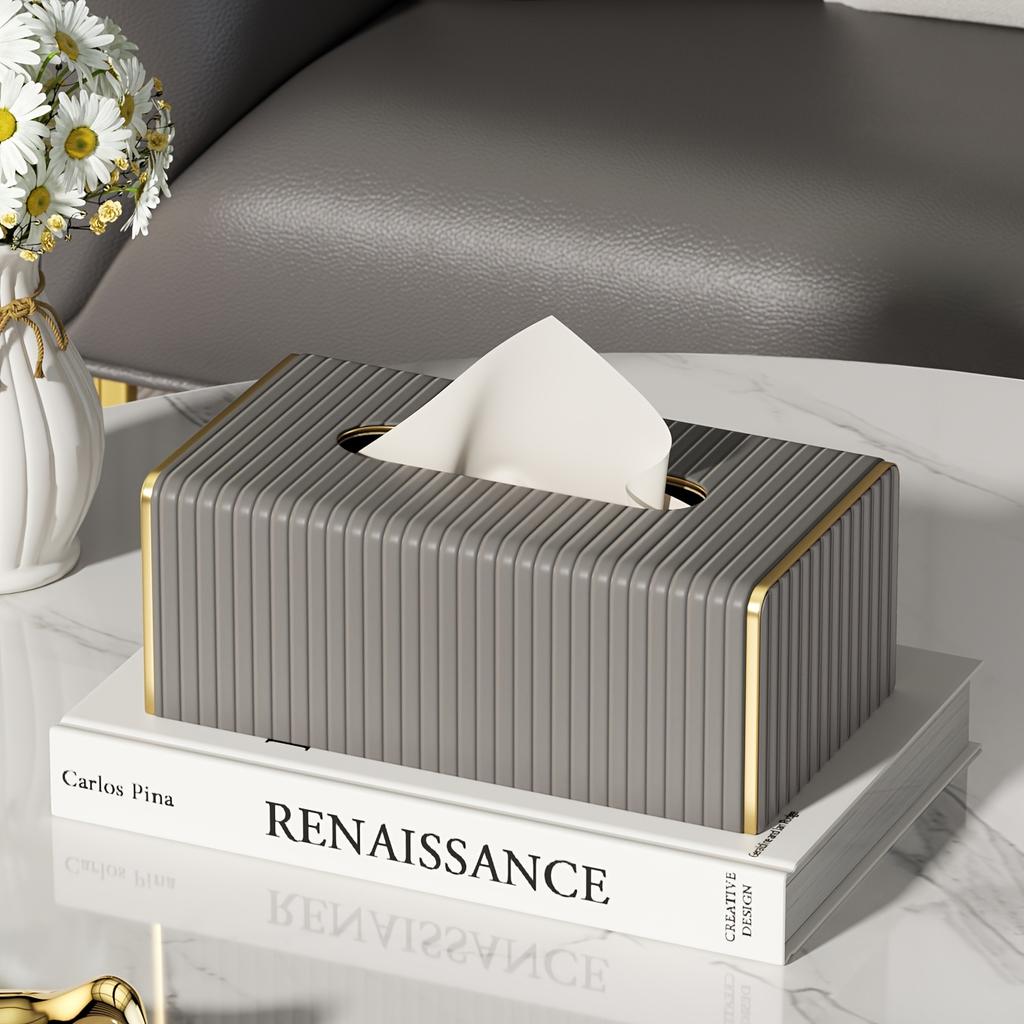 Elegantní kryt na krabičku na kapesníky z umělé kůže v severském stylu s italskými pruhy, obdélníkový design v bílo-zlaté barvě pro obývací pokoj, jídelnu, koupelnovou dekoraci