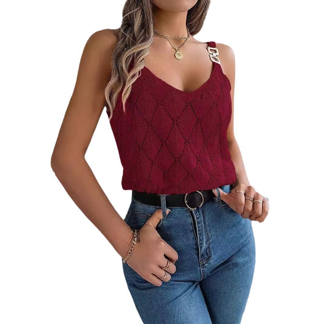 

HNXC Spring Summer V-neck Hollowed-out Metal Buckle Halter Knitted Sweater for Vacation Women XL бордовый