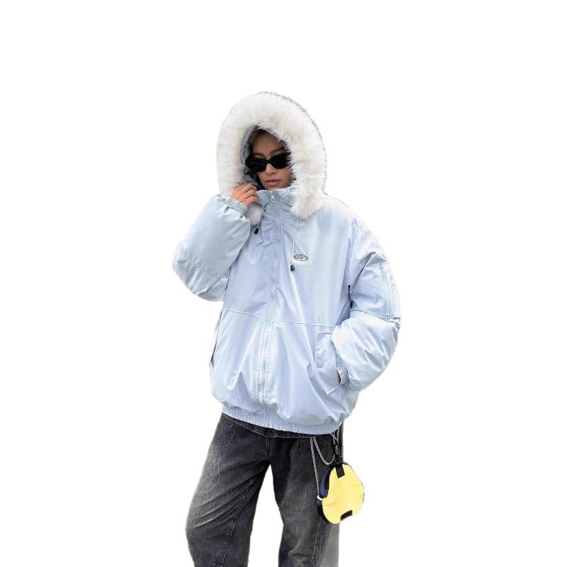 Autumn and Winter New Letter Embroidered Zipper Warm Thickened Large Fur Collar Jacket Cotton Jacket