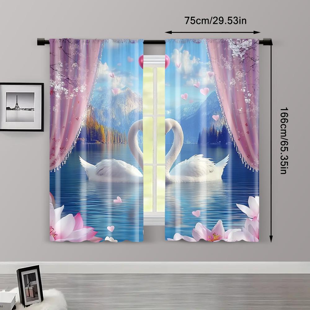 2pc,  Curtain Valentine's Day_ Swan Lake of Love Protecting Privacy Festive Wall Decor for Indoor Celebrations Decor