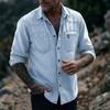 Camicia da uomo vintage in denim lavato a maniche lunghe con bottoni e tasca con zip, casual, da lavoro