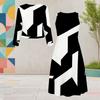 Women Plus Size Round Neck Long Sleeve Black White Printed Two Piece Dress Set