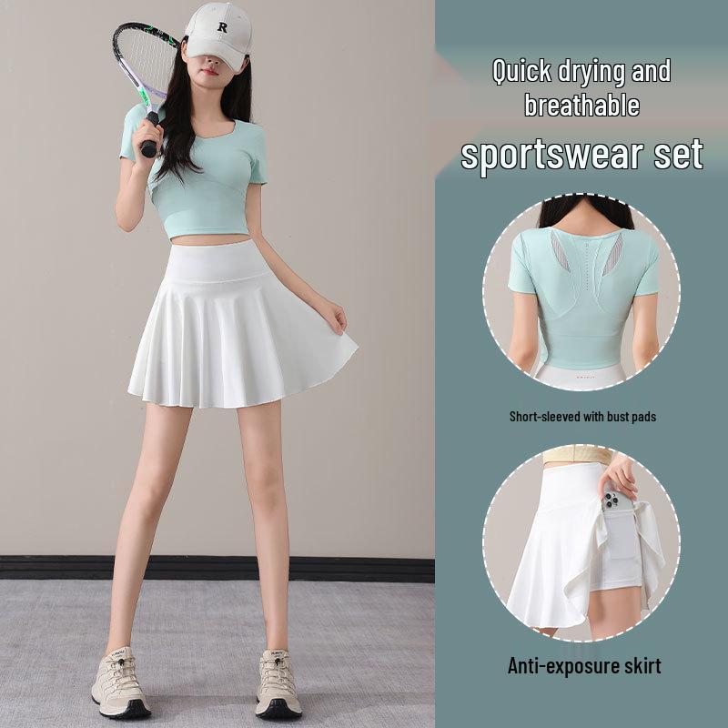 Women's Summer 2025 Tennis & Badminton Fitness Set: Yoga Short Sleeve, Running Skirt, & Chest Pad