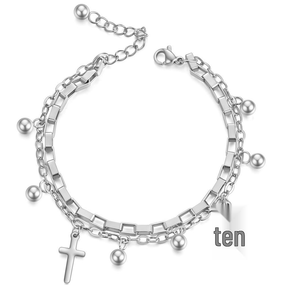 European and American 18K Gold Stainless Steel Cross Bead Personalized Bracelet, 17+5CM