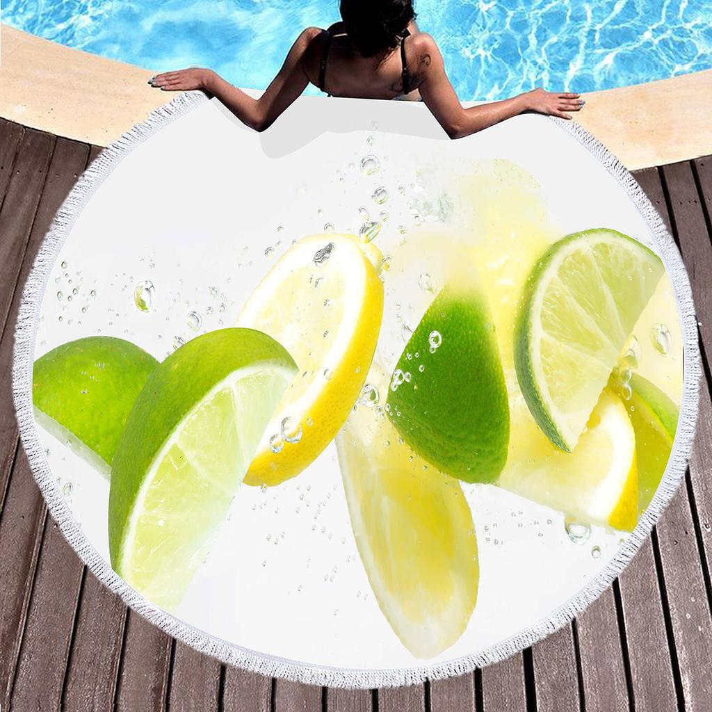 Fresh Fruit Lemon Round Beach Towel Microfiber Circle Towel Picnic Mat Absorbent Meditation Rug Yoga Mat Throw Fringe Tapestry