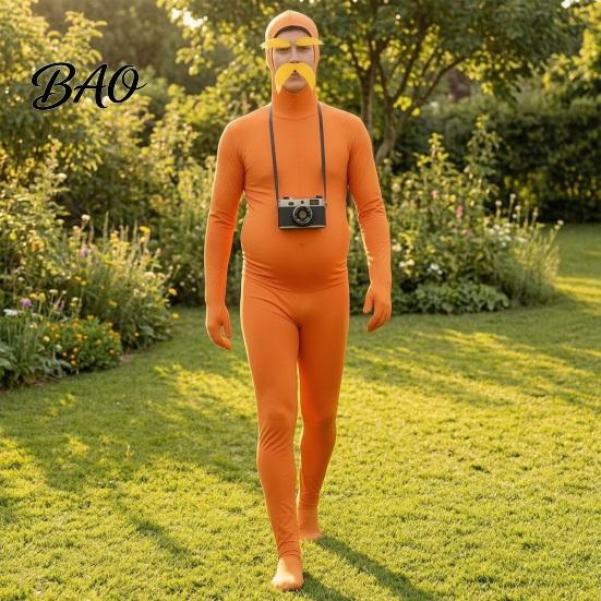Skin Friendly Party Outfit Orange Full Bodysuit for Kids Adults, with Belly, Yellow Mustache & Eyebrows, Body Zentai Suit Men Women Open Face