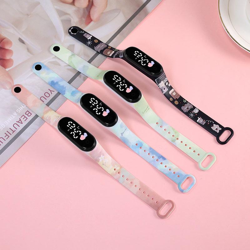 Girls' LED Cartoon Ink Waterproof Sports Watch with Luminous Bracelet Design