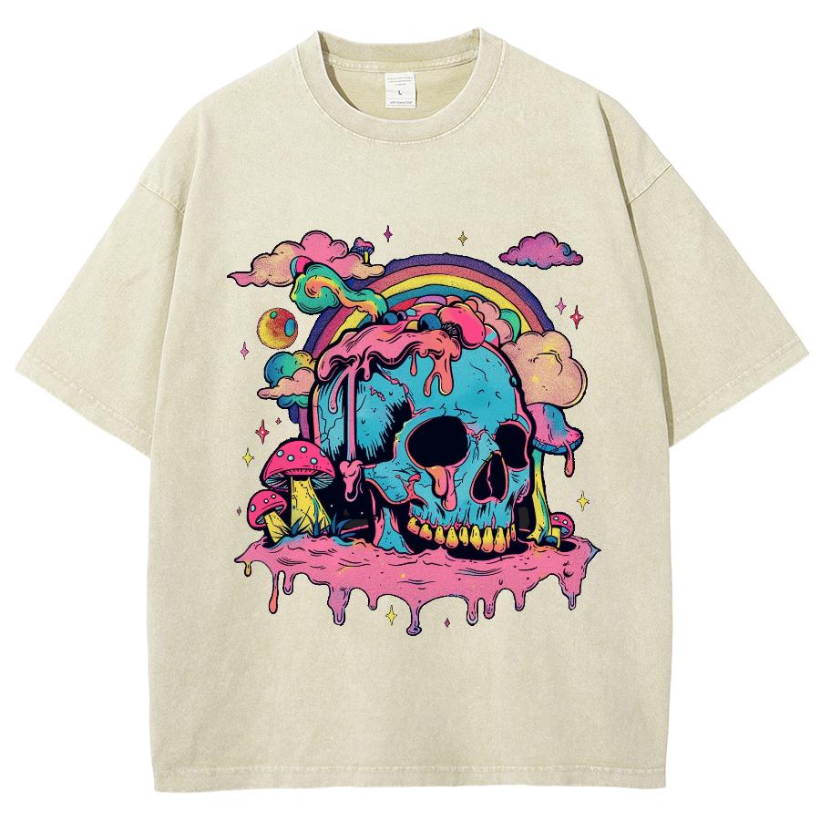 Barevné Kreslené Lebky Potisk Dámské Tričko Volné Oversized Prané Vysoce Kvalitní Krátký Rukáv Letní Módní Top