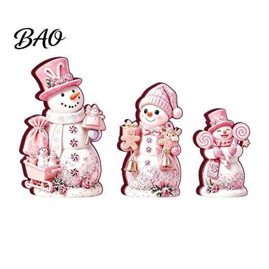 Christmas Gift for Kids 3PCS Snowman Wooden Ornaments, Decorative Cute Festive Figures, Pink And Purple Decor High-definition Printing Crafts Holiday