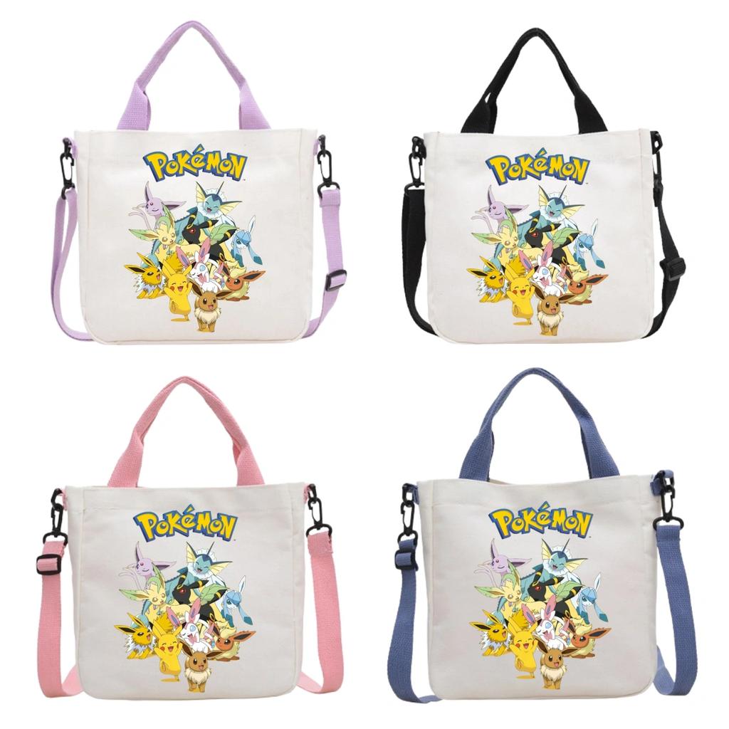Pokemon Canvas Crossbody Bag Pikachu Cartoon Pattern Print Handbag Fashion Portable Large Capacity Travel Shopping Storage Kid Friendly Entertaining
