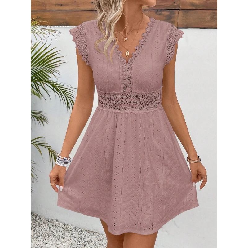 Spot - European and American Summer Popular Lace Splicing V-neck Shoulder Ruffle Edge Sleeveless Dress