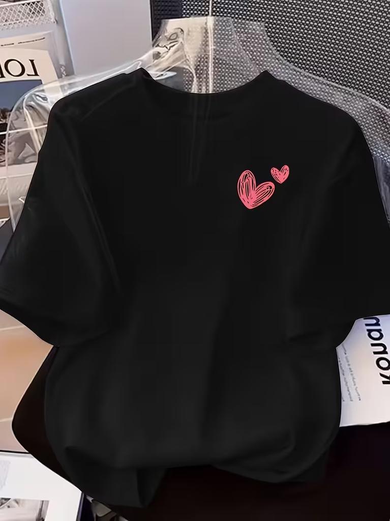 Women's Sweet Heart Graphic Tee, Casual Round Neck Short Sleeve Shirt, Soft All-Match Top for Daily Wear and Leisure Occasions