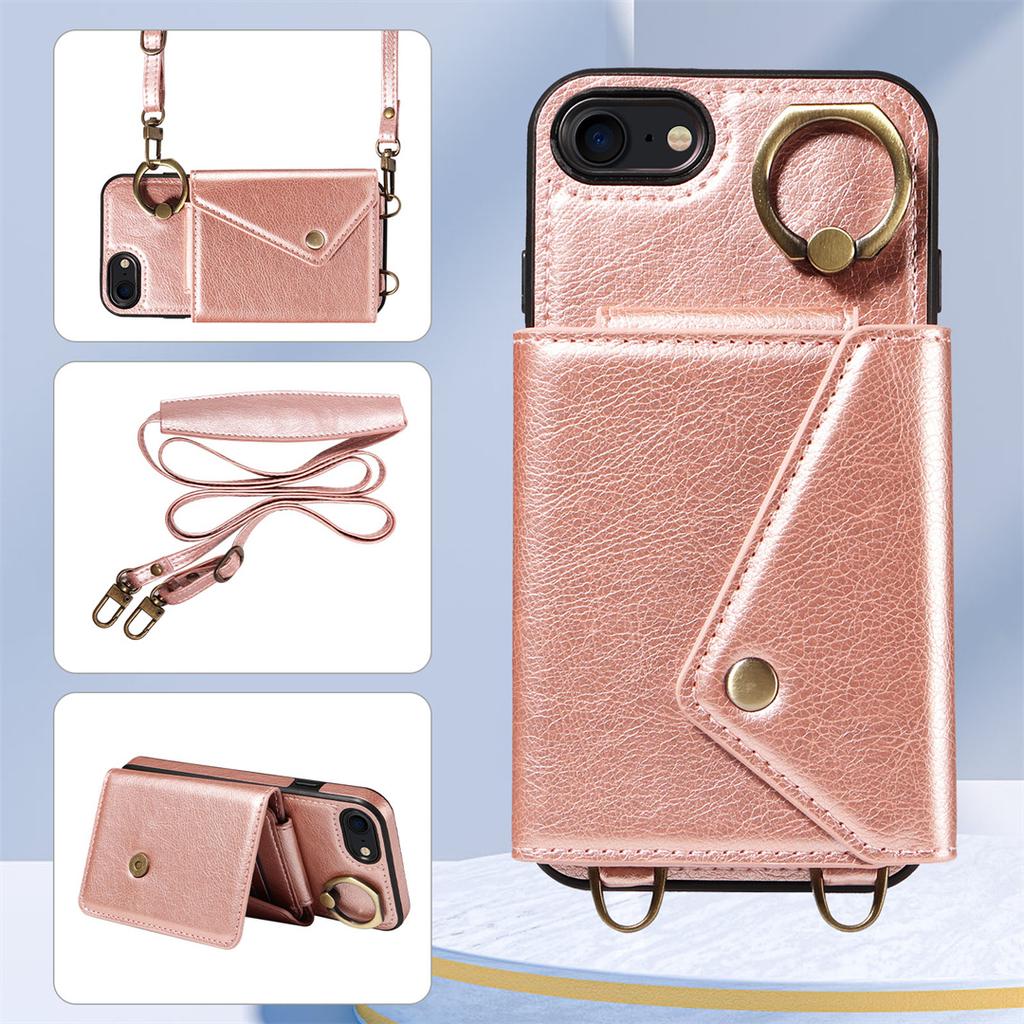 Per iPhone 6/6s/6Plus/7/8,7Plus/8Plus,iPhone SE (2020/2022) Tracolla Corda Anello Staffa Design Porta Carte Slot Copertura con Texture Litchi Custodia per Telefono