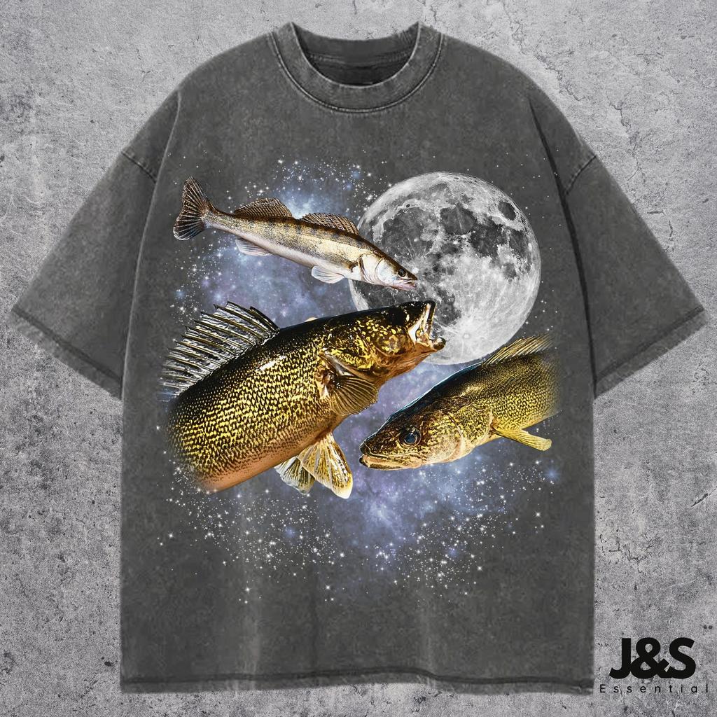 Drei Zander Mond Shirt, Vintage Zander Fisch Galaxie Tee, Retro Kosmisches Angeln Grafik Top, Angler Geschenk, Weltraum Tier Streetwear, Zander