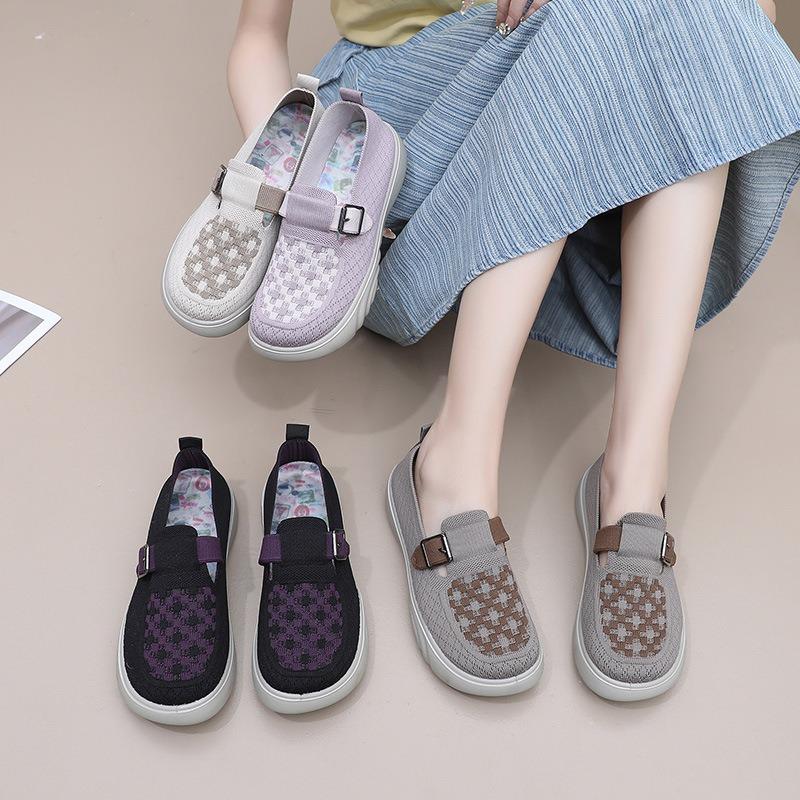 2026 Quadratischer Knopf Damenschuhe Frühling Herbst Freizeitschuhe Mesh Atmungsaktiv Weiche Sohle Leichte Plateau Damenschuhe