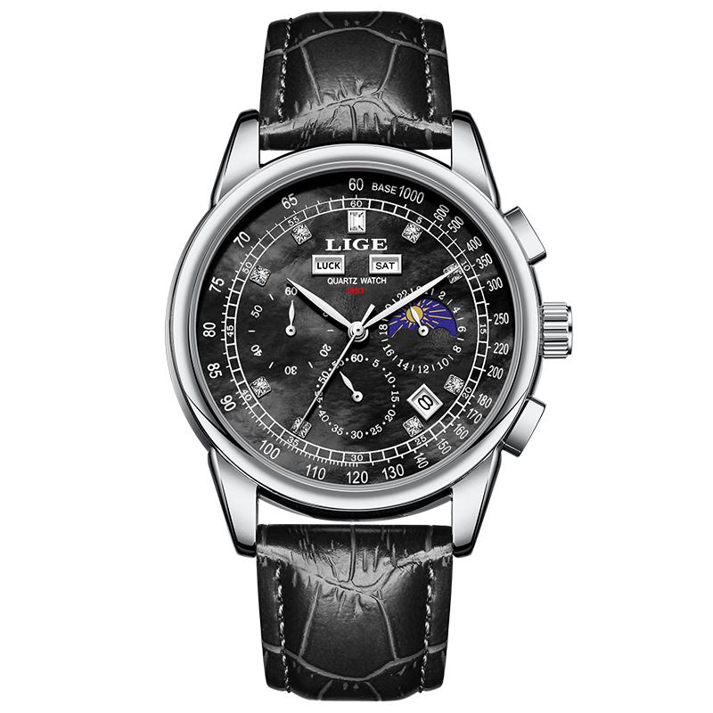 LIGE Fashion Man Watch Top Brand Luxury Leather Casual Quartz Men's Watches Sport Waterproof Clock Watch Date Week Moon Phase