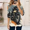 Women Plus Size Round Neck 3 4 Sleeve T Shirt Cartoon Construction Vehicle Printed Curved Hem Top