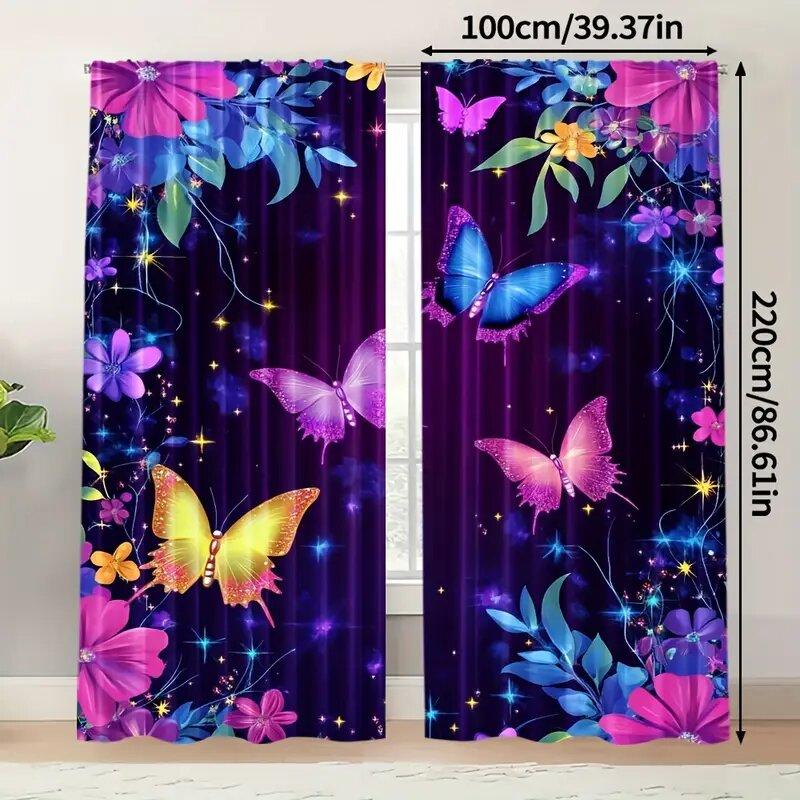 Blue And Purple Butterfly Print Curtains, Pole Bag Curtains, 42*84, Bedroom And Living Room, Home Decoration, Room Decoration