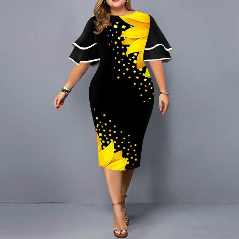 

Womens Plus Size Geometric Print Bodycon Dress Round Neck Ruffle Sleeve Midi Dress XL жовтий