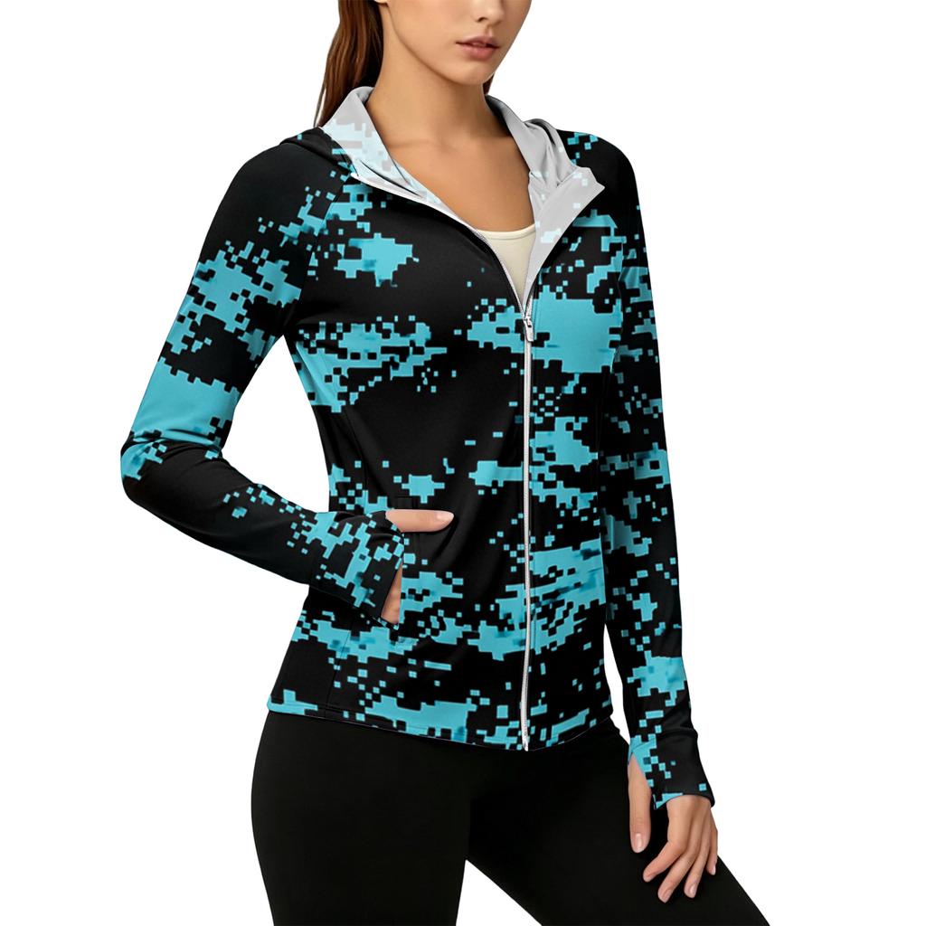Leichte Kapuzenjacke mit Reißverschluss und Taschen für Damen, Langarm, Camouflage, Sonnenschutzjacke für Outdoor-Aktivitäten