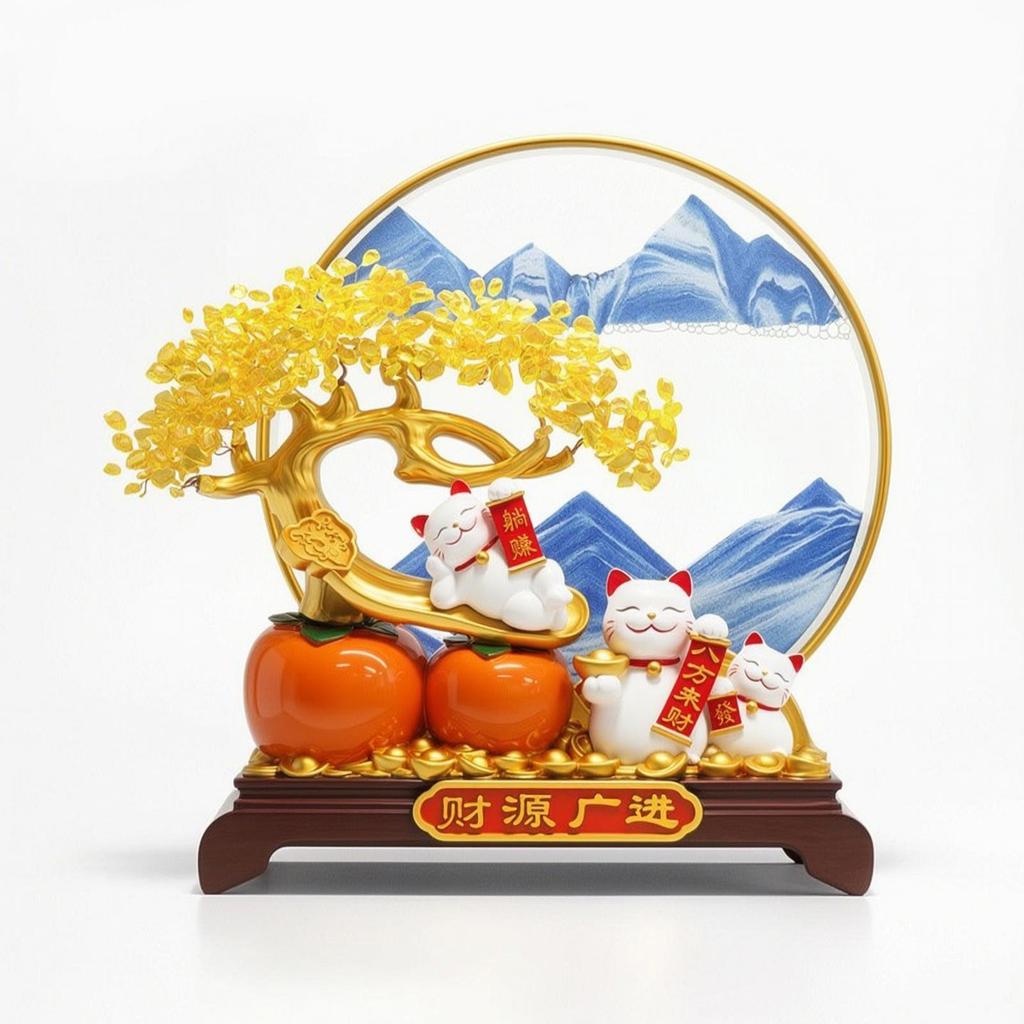 Prosperous Fortunate Cat Decor with Gold Frame Traditional