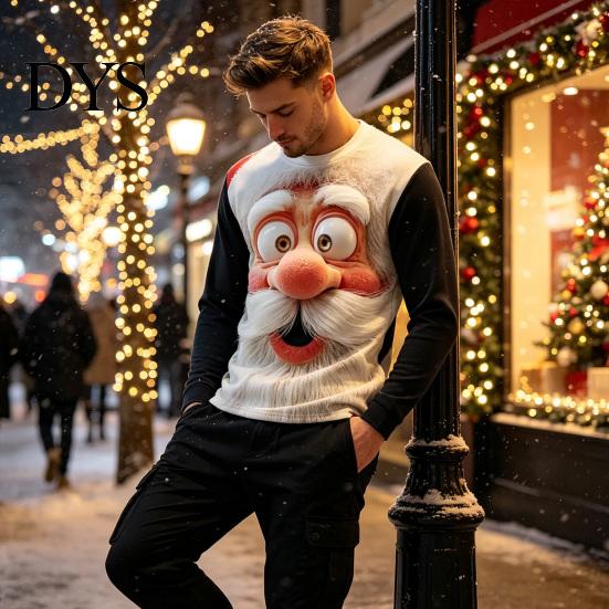 Crew Neck Sweatshirts Christmas Santa Print Sweatshirt for Men, Holiday Party Crewneck Long 3D Sleeve Top, Breathable Casual Loose Pullover