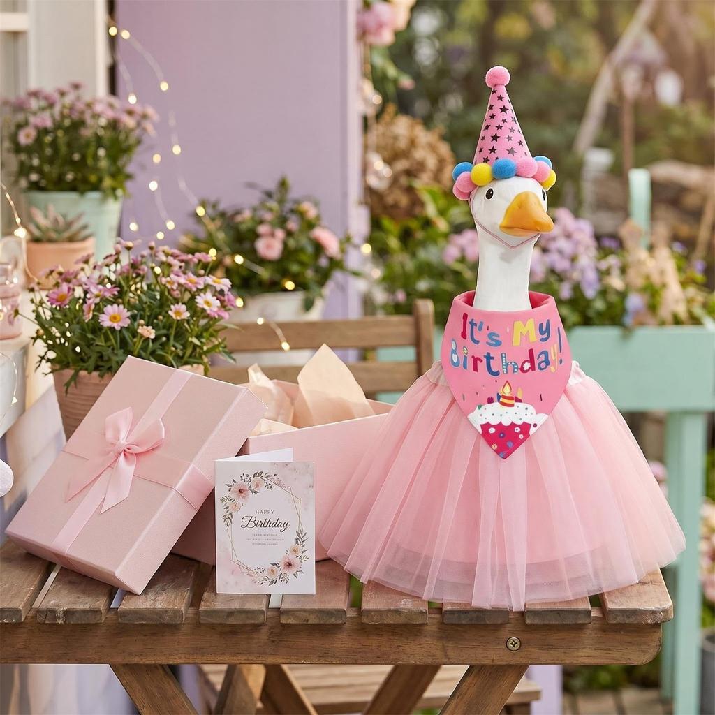 Geburtstagsparty Outfit Set Enthält Tüllrock Elastischer Bund Partyhut mit Bommeln und Bedrucktes Bandana Lätzchen für 23 Zoll Gänse-Dekoration