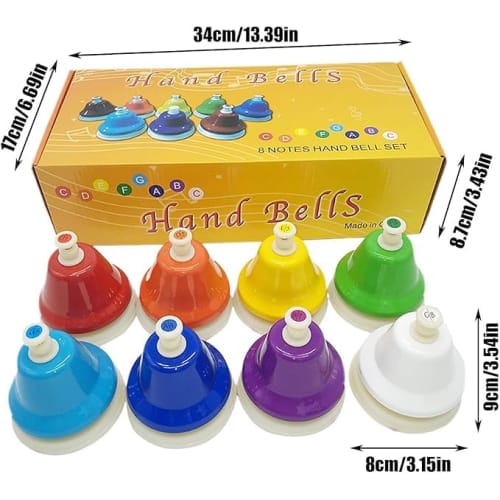 Colorful 8-note handbell set with touch controls, harmony, and mallets. Perfect as a gift for New Year's or Christmas. Perfect for beginners, beginner