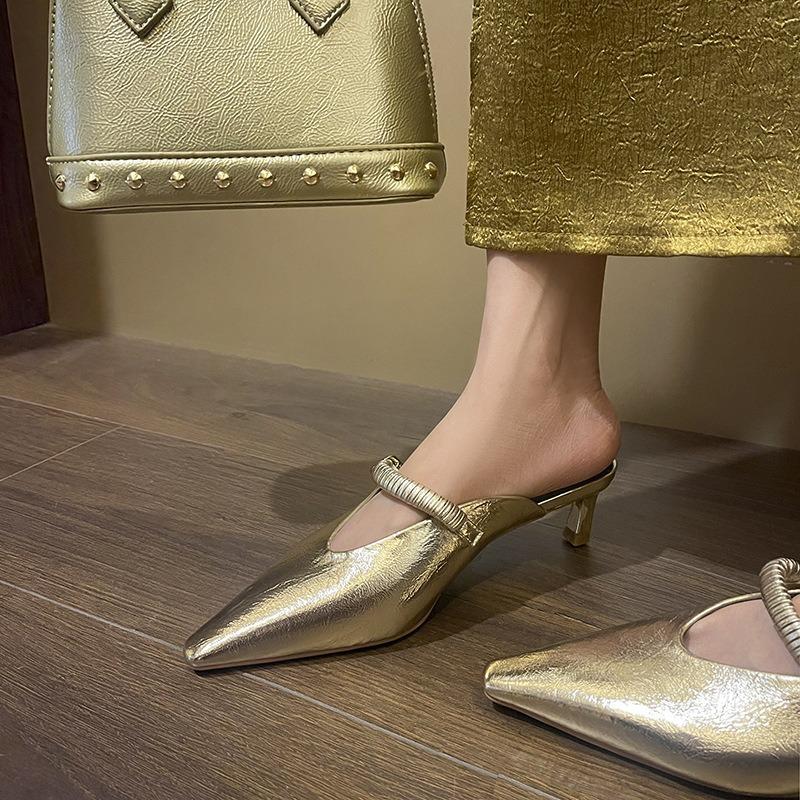 Versatile Temperament Baotou Sandals Women's Outer Wear Pointed Tip Thin Heel Half Slippers Medium Heel Shoes High Heels