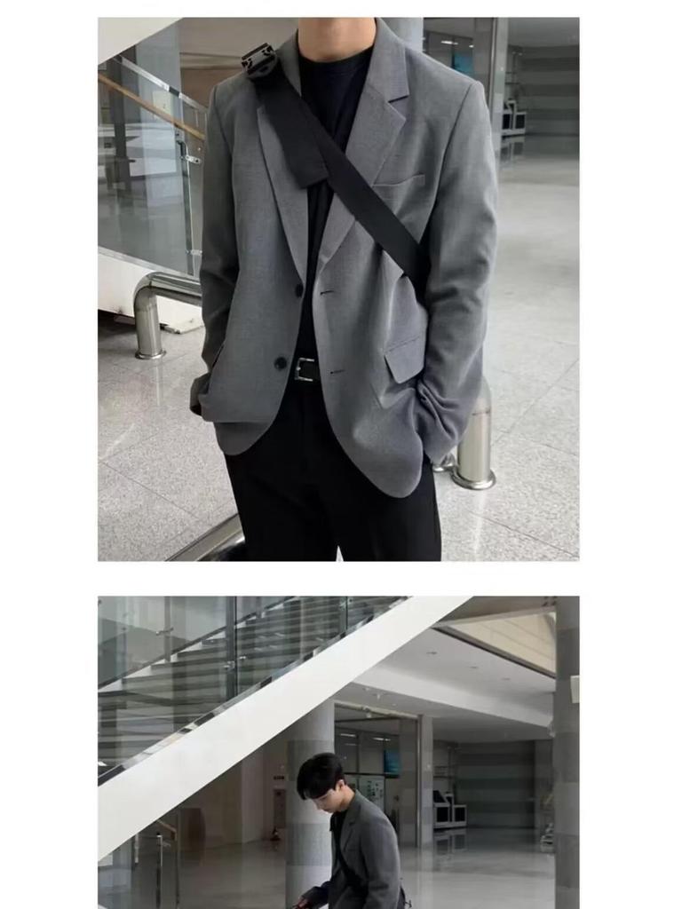 Men's High-End Black Casual Blazer - Korean Style with Shoulder Pads