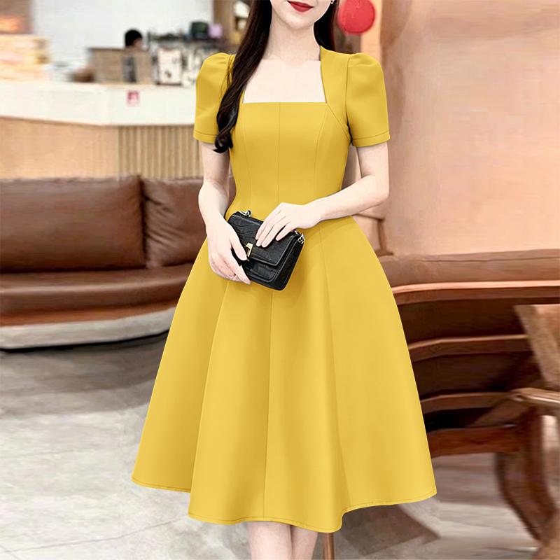 

ZANZEA Women Elegant Square Collar Casual Short Sleeve A-Line Dress 4XL жовтий