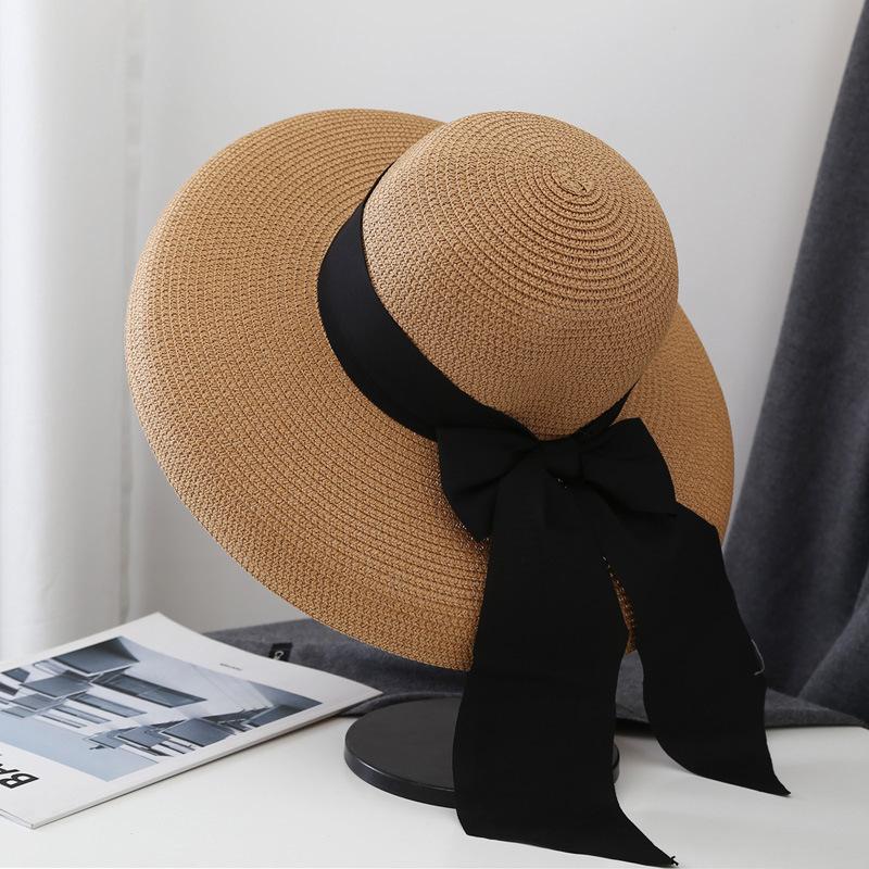 Hepburn Hat Female Black Straw Hat Sunscreen Vacation Seaside Beach Sun Hat Summer Big Brim Sun Hat Big Brim
