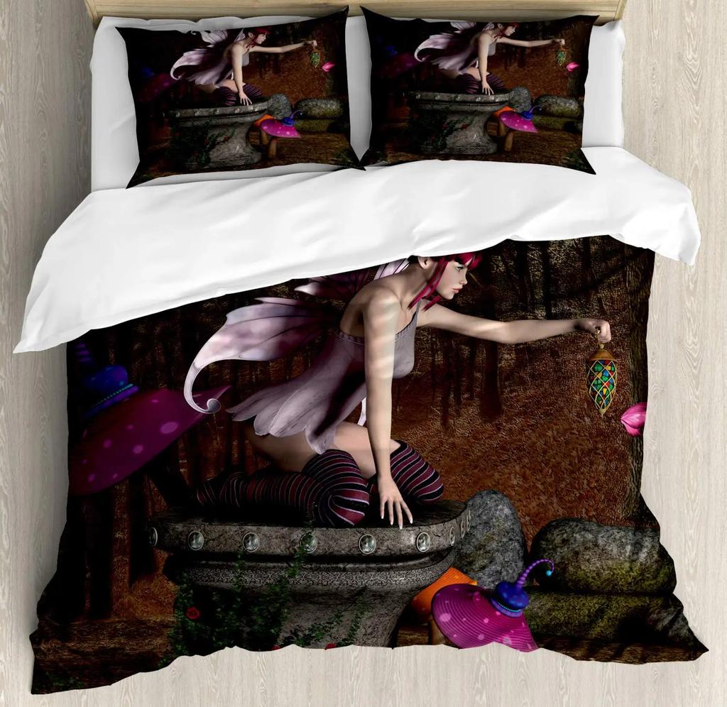 Fantasy Märchen Weiche Bettbezug-Set, Mädchen Flügel plus Schmetterlinge Kleiner Kobold Elf Wald Bettwäsche Set Wodlplus Warmer Deckenbezug Königin