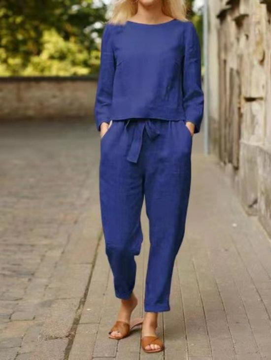 Women's Solid Color Linen Suit - Casual Two-Piece Set, Spring-Summer Retro Style, Elastic Waist with Tie