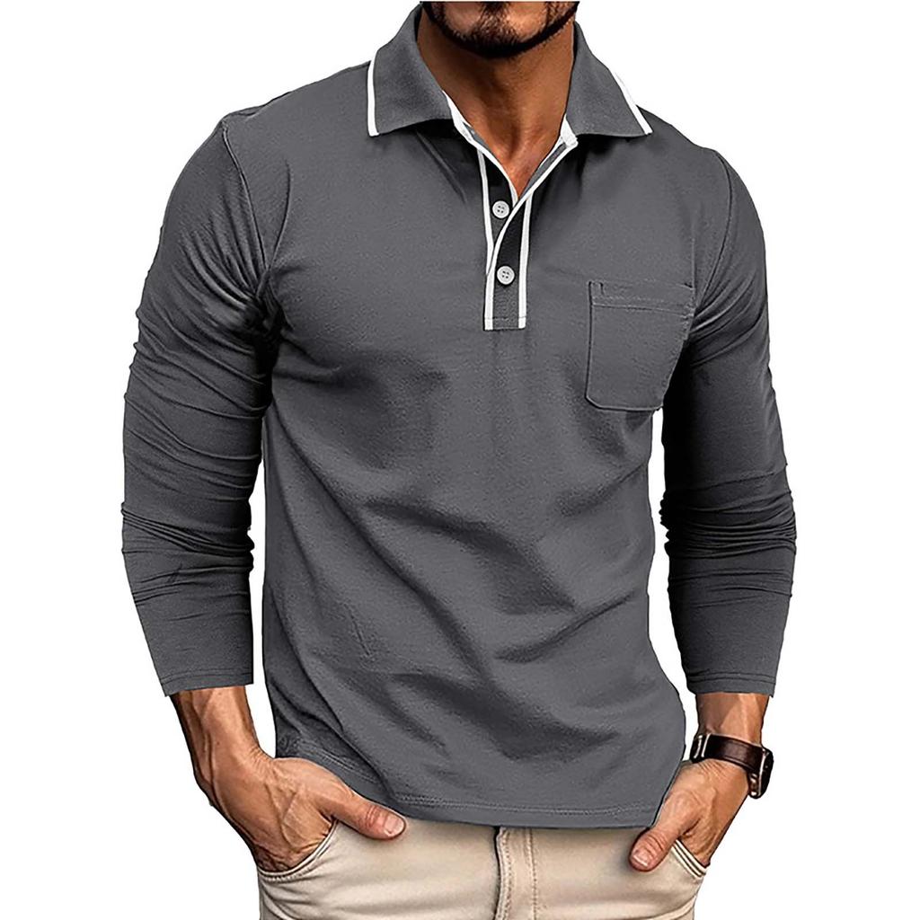 Men's Spring And Solid Color T-shirt Lapel 3 Button Open Placket Button Long Sleeved Top