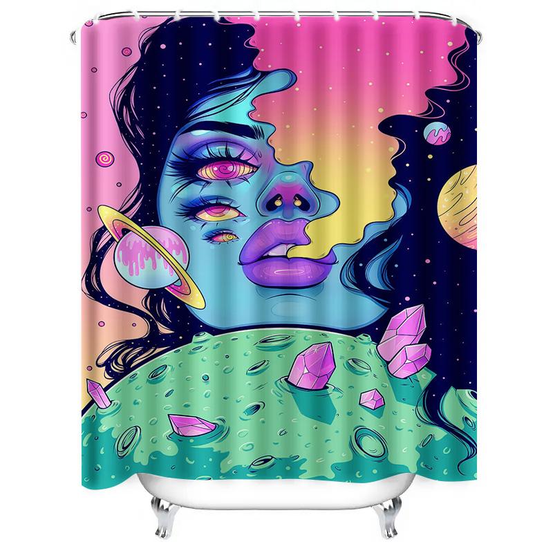 Bright Galaxy Shower Curtain Set with Cosmic Space Woman Artwork for Bathroom Decor Pink Blue Yellow Green Colors + Rod Pocket +