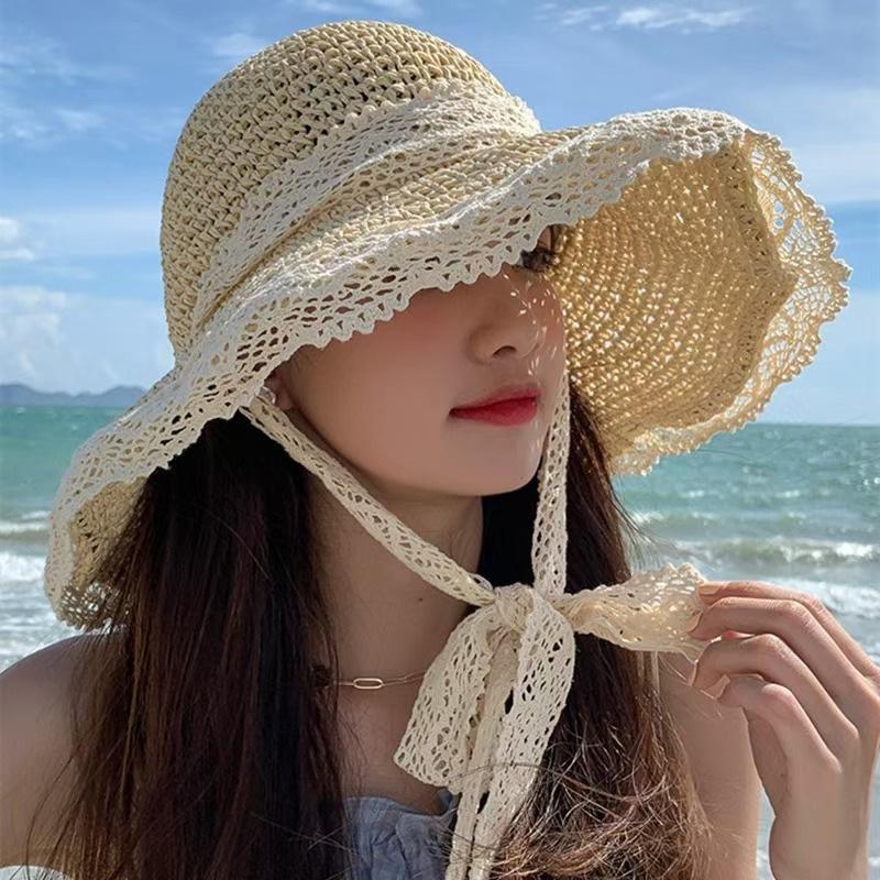 New Small Fresh Lace Straw Hat Sunshade, Summer Sunscreen Travel Big Brim Bucket Hat Hollow