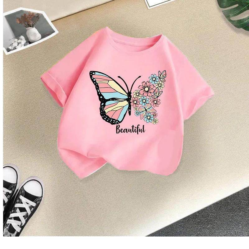 Children's T-shirt girls short-sleeved new style girls summer round neck loose casual top butterfly print cross-border